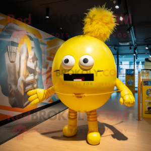 Yellow Human Cannon Ball mascot costume character dressed with a Graphic Tee and Hairpins