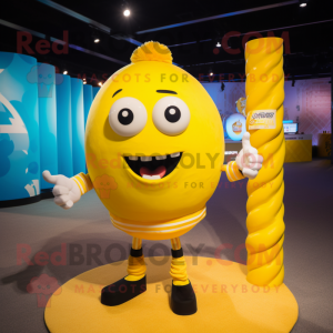 Yellow Human Cannon Ball mascot costume character dressed with a Graphic Tee and Hairpins