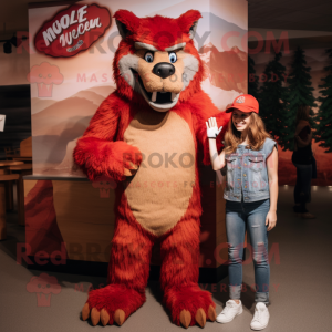 Red Werewolf mascot costume character dressed with a Mom Jeans and Hats