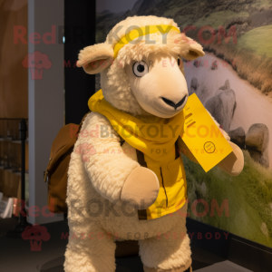 Yellow Merino Sheep mascot costume character dressed with a Chinos and Wraps