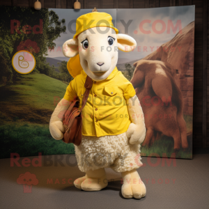 Yellow Merino Sheep mascot costume character dressed with a Chinos and Wraps