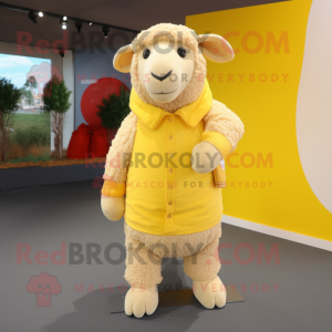 Yellow Merino Sheep mascot costume character dressed with a Chinos and Wraps