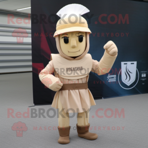 Beige Spartan Soldier mascot costume character dressed with a Pleated Skirt and Hats