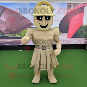 Beige Spartan Soldier mascot costume character dressed with a Pleated Skirt and Hats