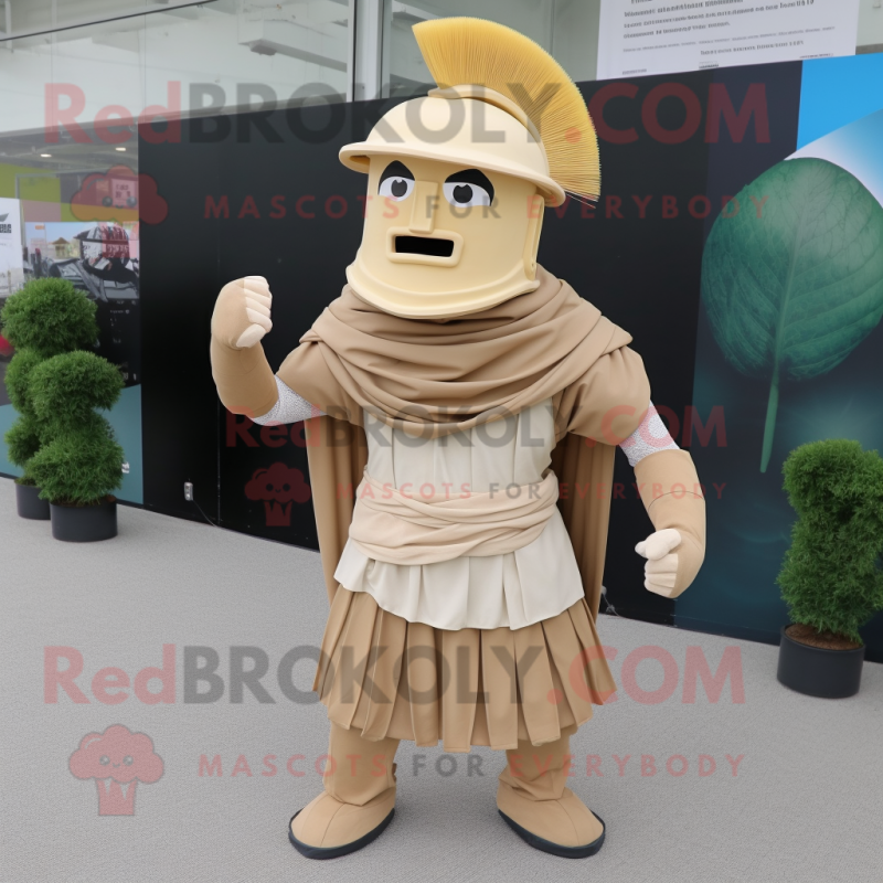 Beige Spartan Soldier mascot costume character dressed with a Pleated Skirt and Hats