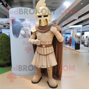 Beige Spartan Soldier mascot costume character dressed with a Pleated Skirt and Hats