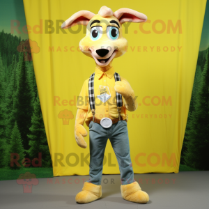 Lemon Yellow Gazelle mascot costume character dressed with a Flannel Shirt and Belts