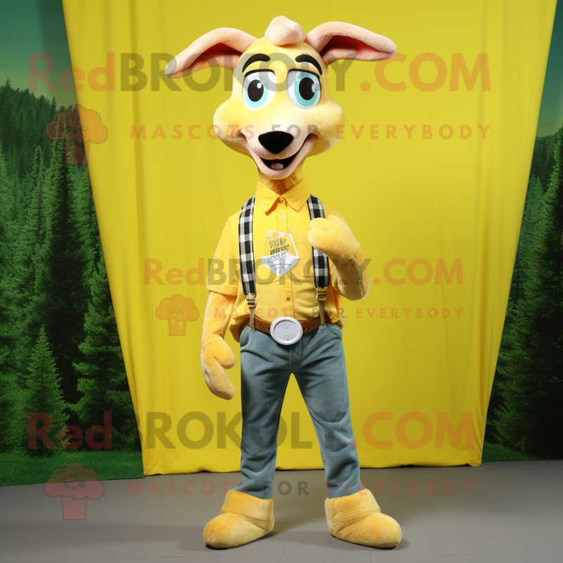 Lemon Yellow Gazelle mascot costume character dressed with a Flannel Shirt and Belts Lemon Yellow Gazelle mascot costume character dressed with a Flannel Shirt and Belts