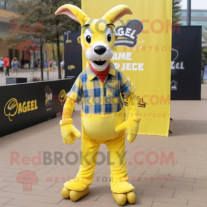 Lemon Yellow Gazelle mascot costume character dressed with a Flannel Shirt and Belts