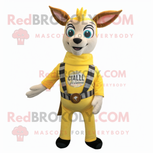 Lemon Yellow Gazelle mascot costume character dressed with a Flannel Shirt and Belts