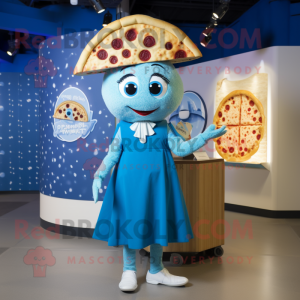 Blue Pizza Slice mascot costume character dressed with a Skirt and Berets