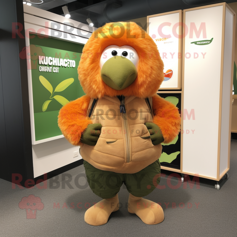 Orange Kiwi mascot costume character dressed with a Windbreaker and Belts