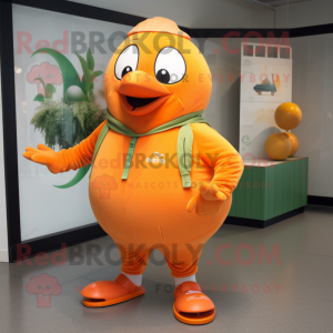 Orange Kiwi mascot costume character dressed with a Windbreaker and Belts