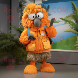 Orange Kiwi mascot costume character dressed with a Windbreaker and Belts