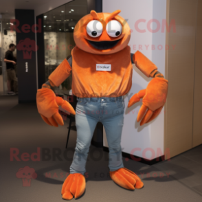 Rust Crab mascot costume character dressed with a Bootcut Jeans and Necklaces