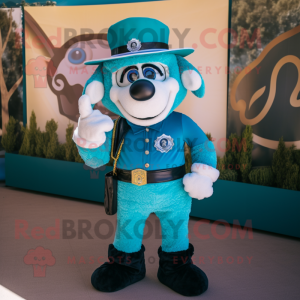 Turquoise Ram mascot costume character dressed with a Suit Pants and Berets