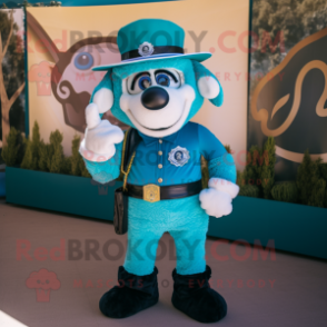 Turquoise Ram mascot costume character dressed with a Suit Pants and Berets