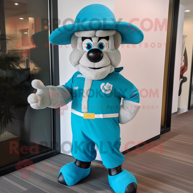 Turquoise Ram mascot costume character dressed with a Suit Pants and Berets