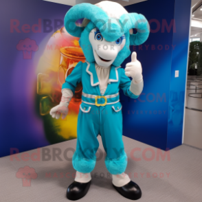 Turquoise Ram mascot costume character dressed with a Suit Pants and Berets