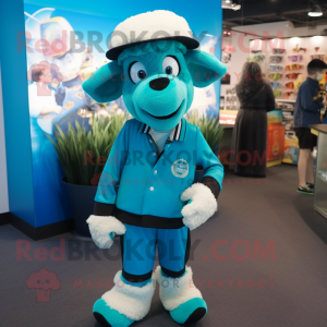 Turquoise Ram mascot costume character dressed with a Suit Pants and Berets