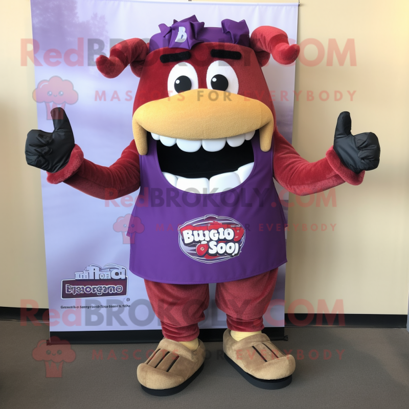 Purple Bbq Ribs mascot costume character dressed with a Cargo Shorts and Shoe clips Purple Bbq Ribs mascot costume character dressed with a Cargo Shorts and Shoe clips