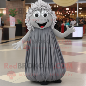 Gray Meatballs mascot costume character dressed with a Evening Gown and Shoe laces