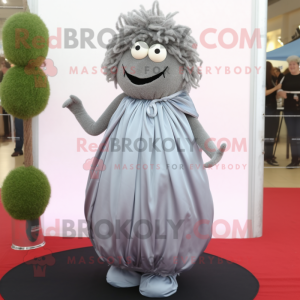Gray Meatballs mascot costume character dressed with a Evening Gown and Shoe laces