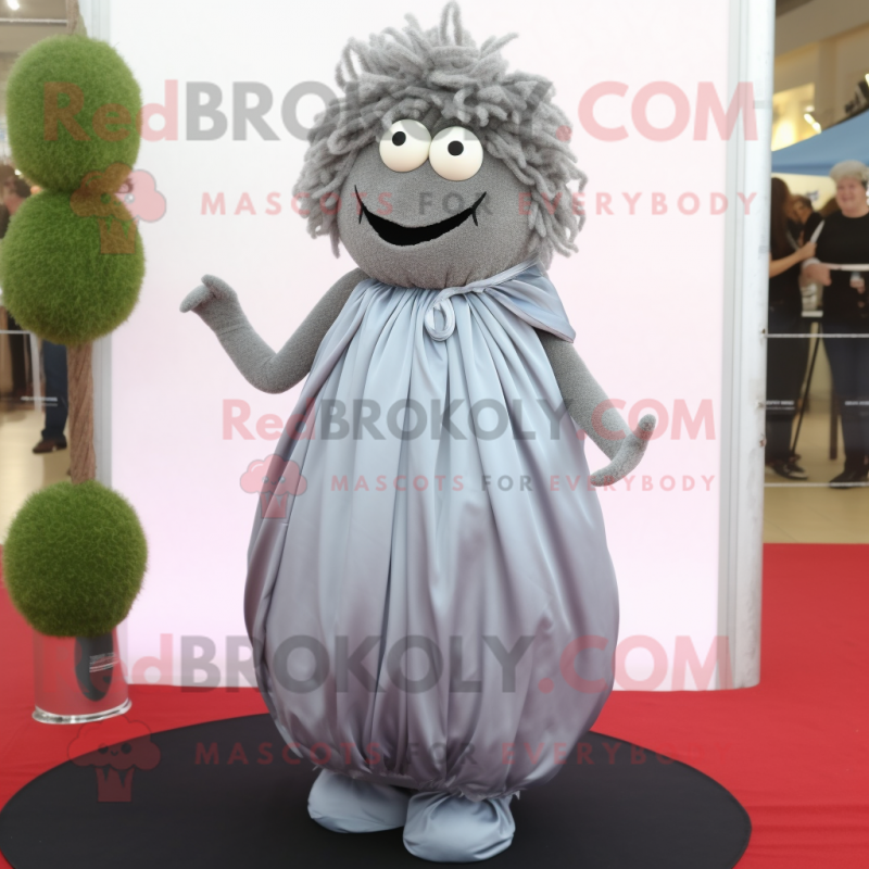 Gray Meatballs mascot costume character dressed with a Evening Gown and Shoe laces Gray Meatballs mascot costume character dressed with a Evening Gown and Shoe laces