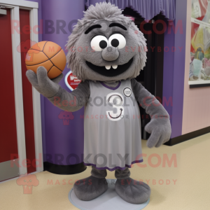 Gray Meatballs mascot costume character dressed with a Evening Gown and Shoe laces