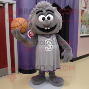 Gray Meatballs mascot costume character dressed with a Evening Gown and Shoe laces