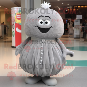 Gray Meatballs mascot costume character dressed with a Evening Gown and Shoe laces