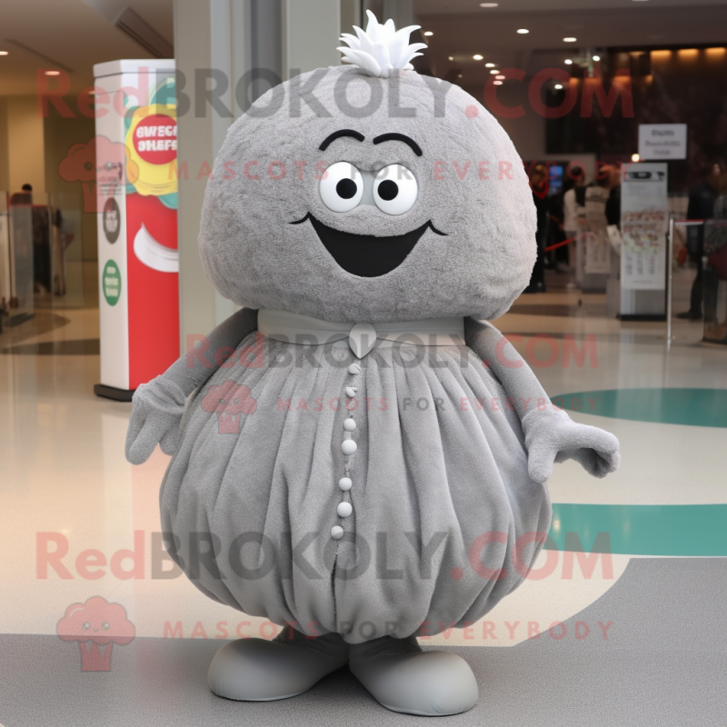 Gray Meatballs mascot costume character dressed with a Evening Gown and Shoe laces Gray Meatballs mascot costume character dressed with a Evening Gown and Shoe laces