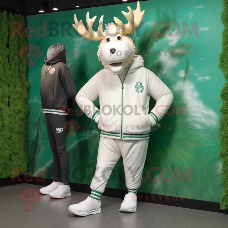 White Irish Elk mascot costume character dressed with a Sweatshirt and Shoe clips White Irish Elk mascot costume character dressed with a Sweatshirt and Shoe clips