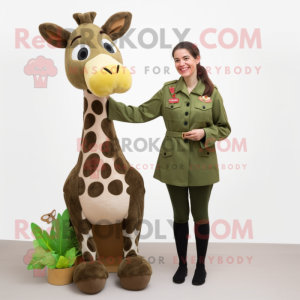 Olive Giraffe mascot costume character dressed with a Sheath Dress and Gloves