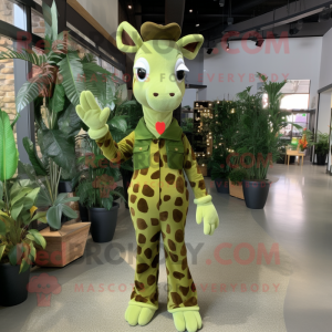 Olive Giraffe mascot costume character dressed with a Sheath Dress and Gloves