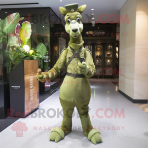 Olive Giraffe mascot costume character dressed with a Sheath Dress and Gloves