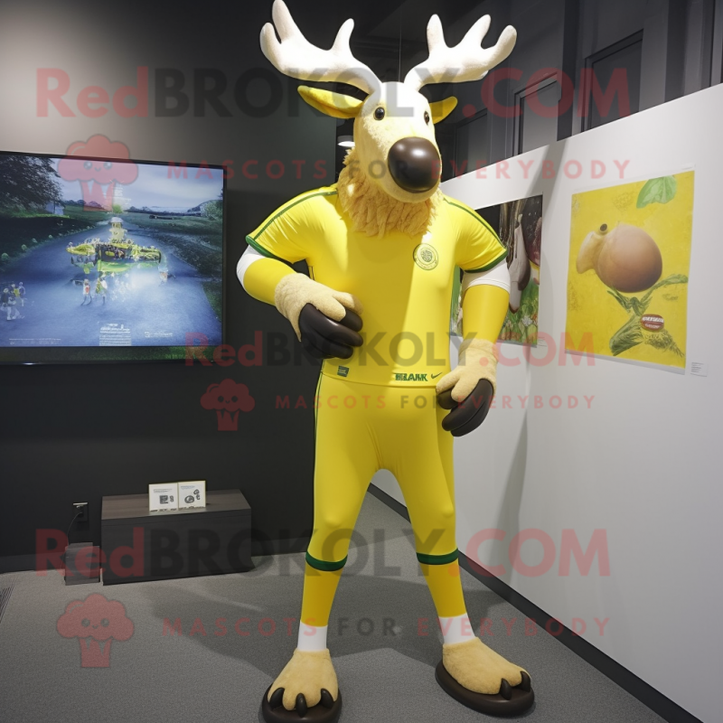 Lemon Yellow Irish Elk mascot costume character dressed with a Rash Guard and Brooches