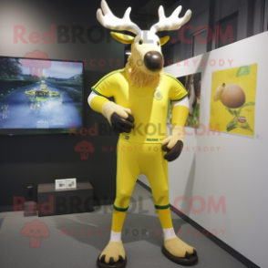 Lemon Yellow Irish Elk mascot costume character dressed with a Rash Guard and Brooches
