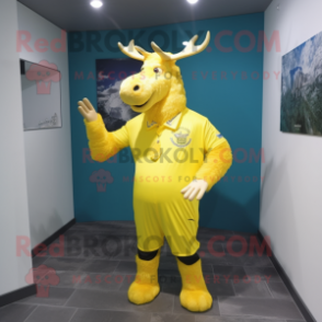 Lemon Yellow Irish Elk mascot costume character dressed with a Rash Guard and Brooches