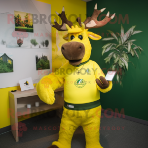 Lemon Yellow Irish Elk mascot costume character dressed with a Rash Guard and Brooches