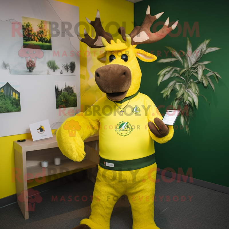 Lemon Yellow Irish Elk mascot costume character dressed with a Rash Guard and Brooches Lemon Yellow Irish Elk mascot costume character dressed with a Rash Guard and Brooches
