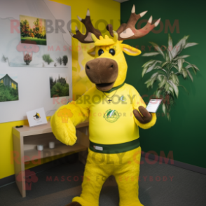 Lemon Yellow Irish Elk mascot costume character dressed with a Rash Guard and Brooches
