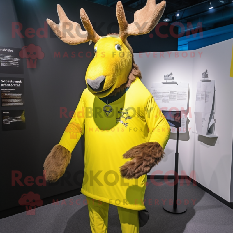 Lemon Yellow Irish Elk mascot costume character dressed with a Rash Guard and Brooches Lemon Yellow Irish Elk mascot costume character dressed with a Rash Guard and Brooches