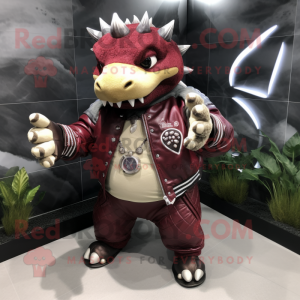 Maroon Ankylosaurus mascot costume character dressed with a Jacket and Bracelet watches