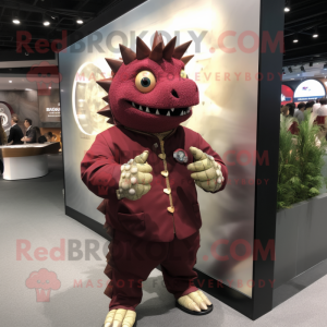 Maroon Ankylosaurus mascot costume character dressed with a Jacket and Bracelet watches