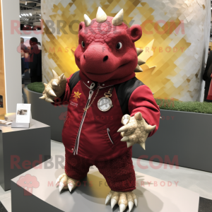 Maroon Ankylosaurus mascot costume character dressed with a Jacket and Bracelet watches