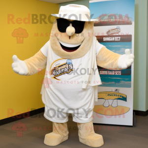 Cream Lasagna mascot costume character dressed with a Board Shorts and Hat pins