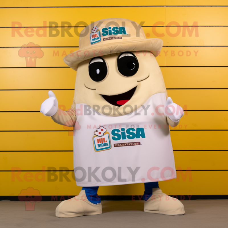 Cream Lasagna mascot costume character dressed with a Board Shorts and Hat pins Cream Lasagna mascot costume character dressed with a Board Shorts and Hat pins