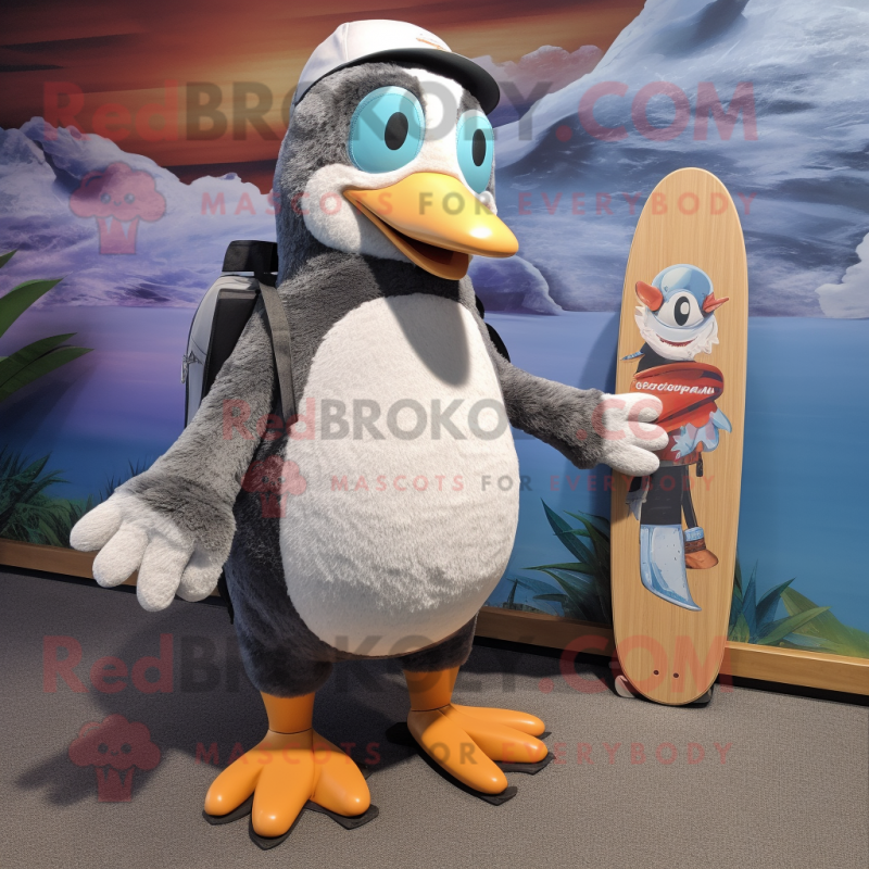 Gray Penguin mascot costume character dressed with a Board Shorts and Caps