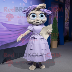 Lavender Oyster mascot costume character dressed with a Wrap Dress and Belts